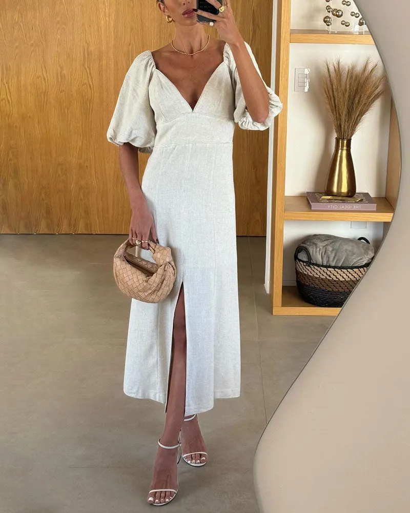 Elegante V-Ausschnitt Split Leinen Kleid