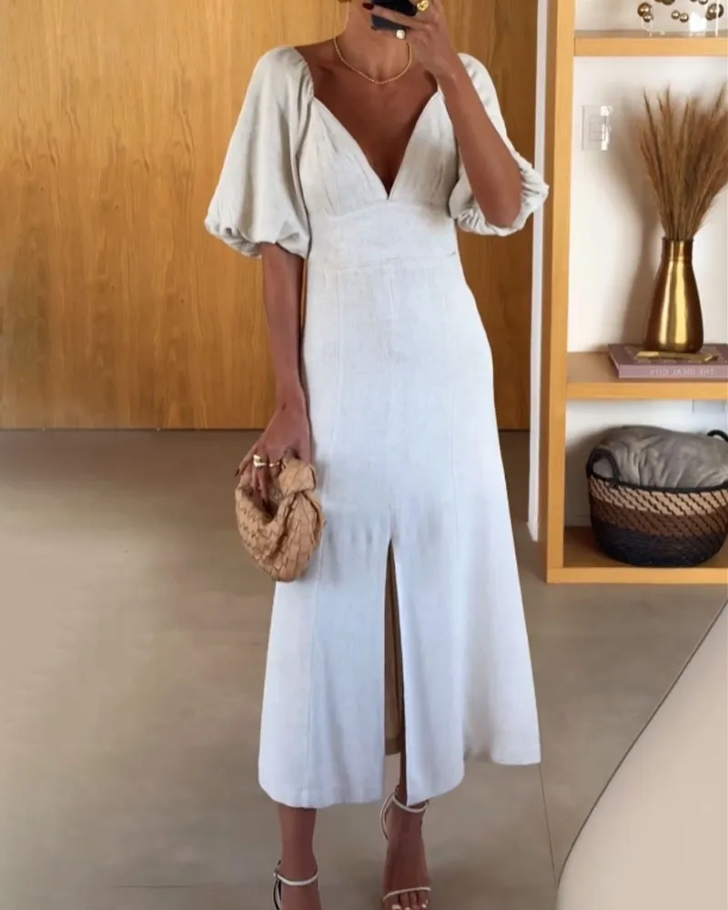Elegante V-Ausschnitt Split Leinen Kleid