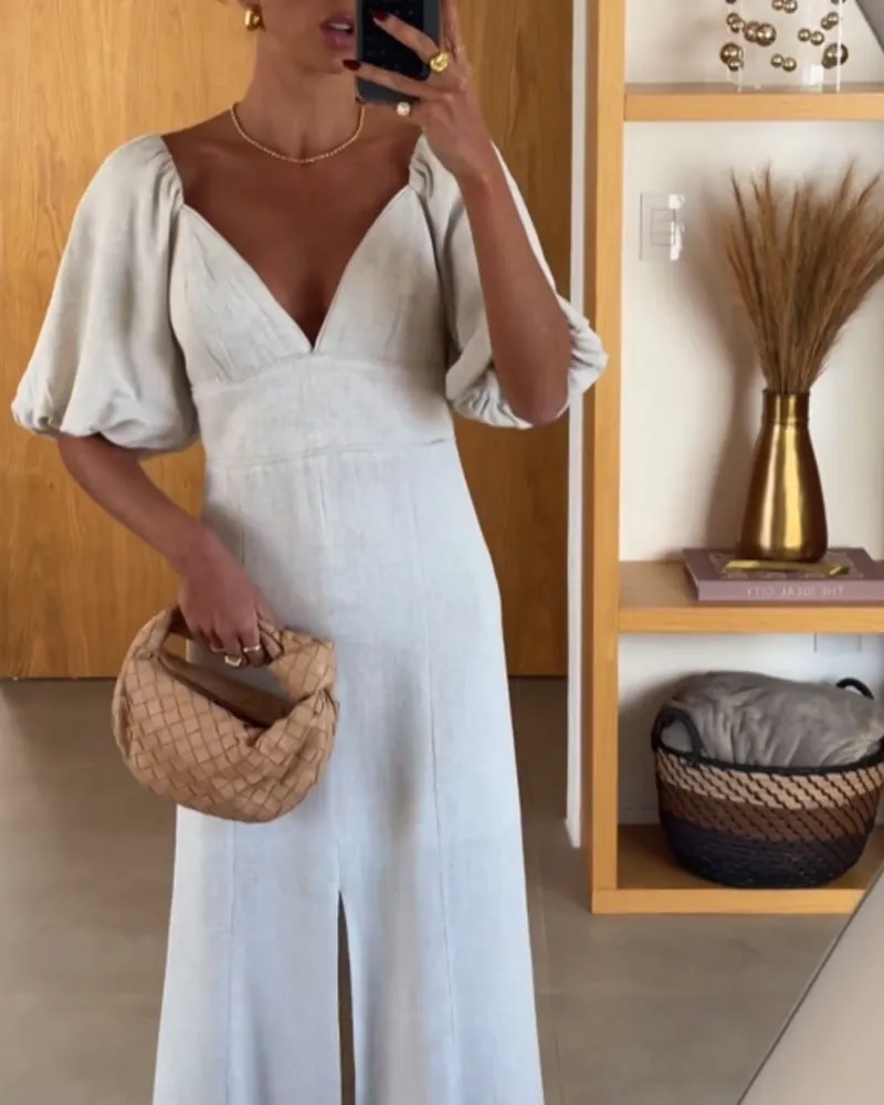 Elegante V-Ausschnitt Split Leinen Kleid
