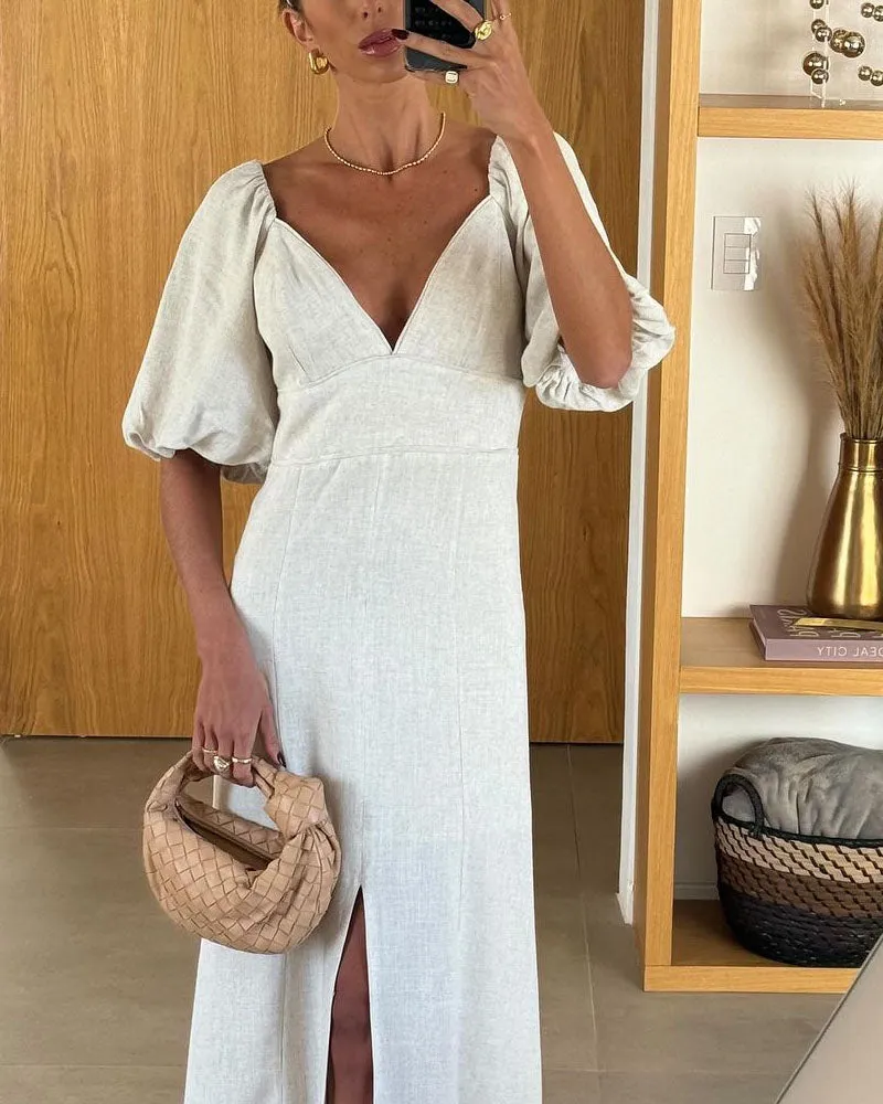 Elegante V-Ausschnitt Split Leinen Kleid